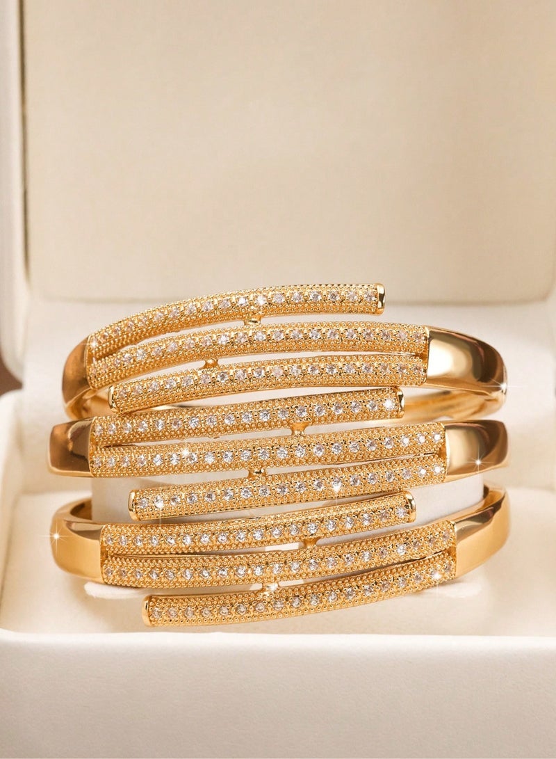 Women's Bracelets – A set of 3 gold-plated bangles adorned with sparkling zircon stones in a twisted design. Perfect for weddings, engagements, graduation gifts, Mother's Day, Valentine's Day, and all special occasions.  - Image 3