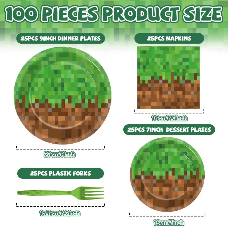 MinFyberd 100 PCS Pixel Party Plates and Napkins Decoration Pixel Theme Disposable Birthday Party Tableware Set Includes Video Game Paper Plates Set and Video Game Napkins Gamer Supplies Server 25 Guests - Image 2
