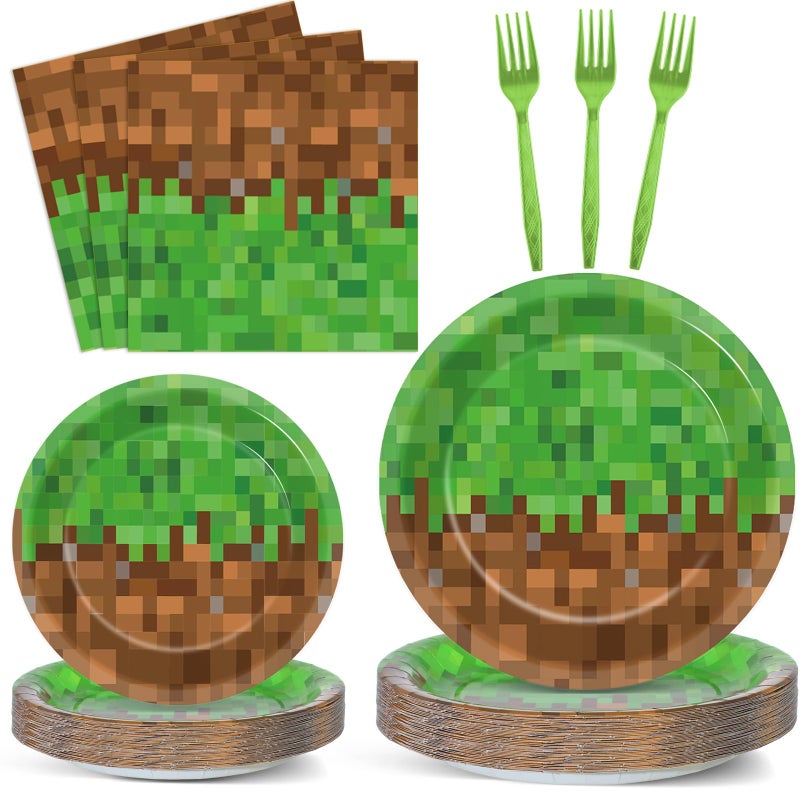 MinFyberd 100 PCS Pixel Party Plates and Napkins Decoration Pixel Theme Disposable Birthday Party Tableware Set Includes Video Game Paper Plates Set and Video Game Napkins Gamer Supplies Server 25 Guests - Image 1