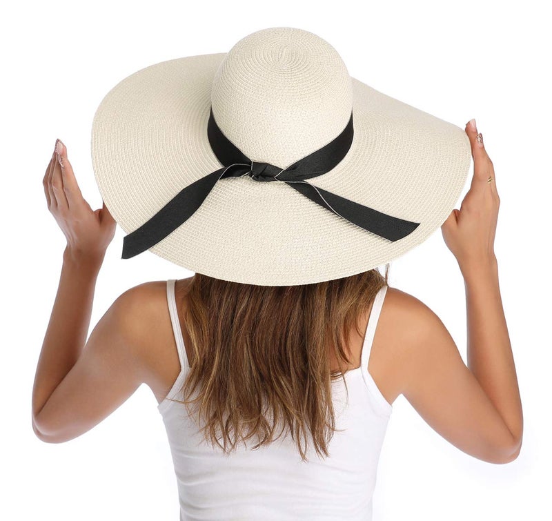 Lanzom Womens Wide Brim Straw Hat Big Floppy Foldable Roll up Cap Beach Sun Hat UPF 50+(Bowknot-Ivory White) - Image 2