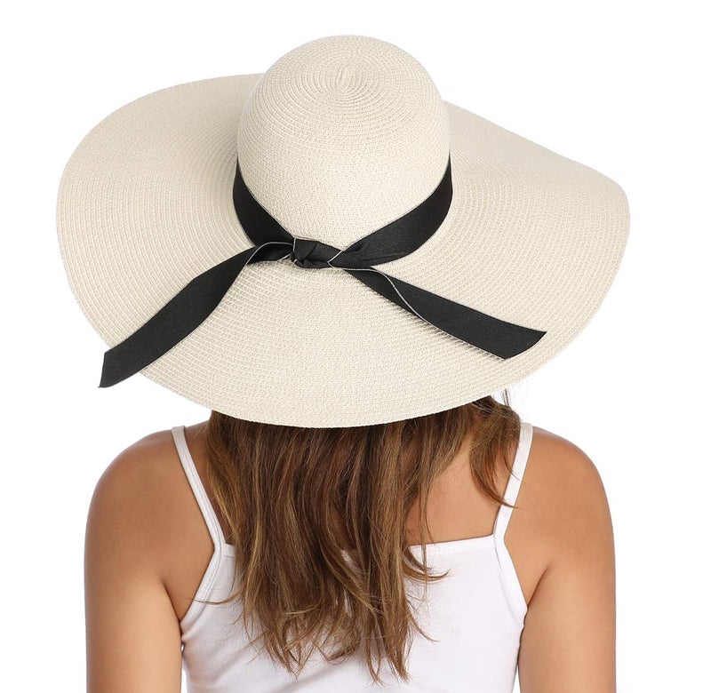 Lanzom Womens Wide Brim Straw Hat Big Floppy Foldable Roll up Cap Beach Sun Hat UPF 50+(Bowknot-Ivory White) - Image 1