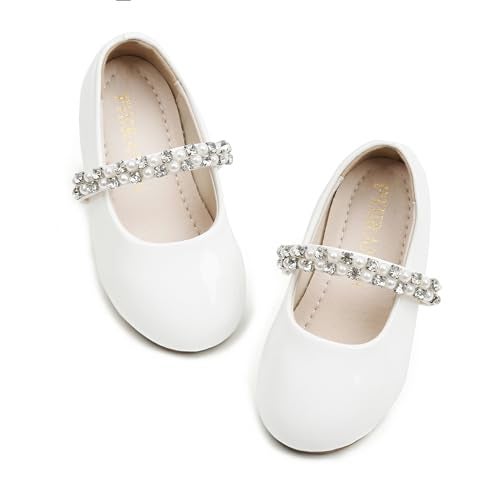 PHIRAMIN Toddler Flower Girl White Dress Shoes - Little Girl Ballet Flats Size 5 Sparkly Pearl Wedding - Image 1
