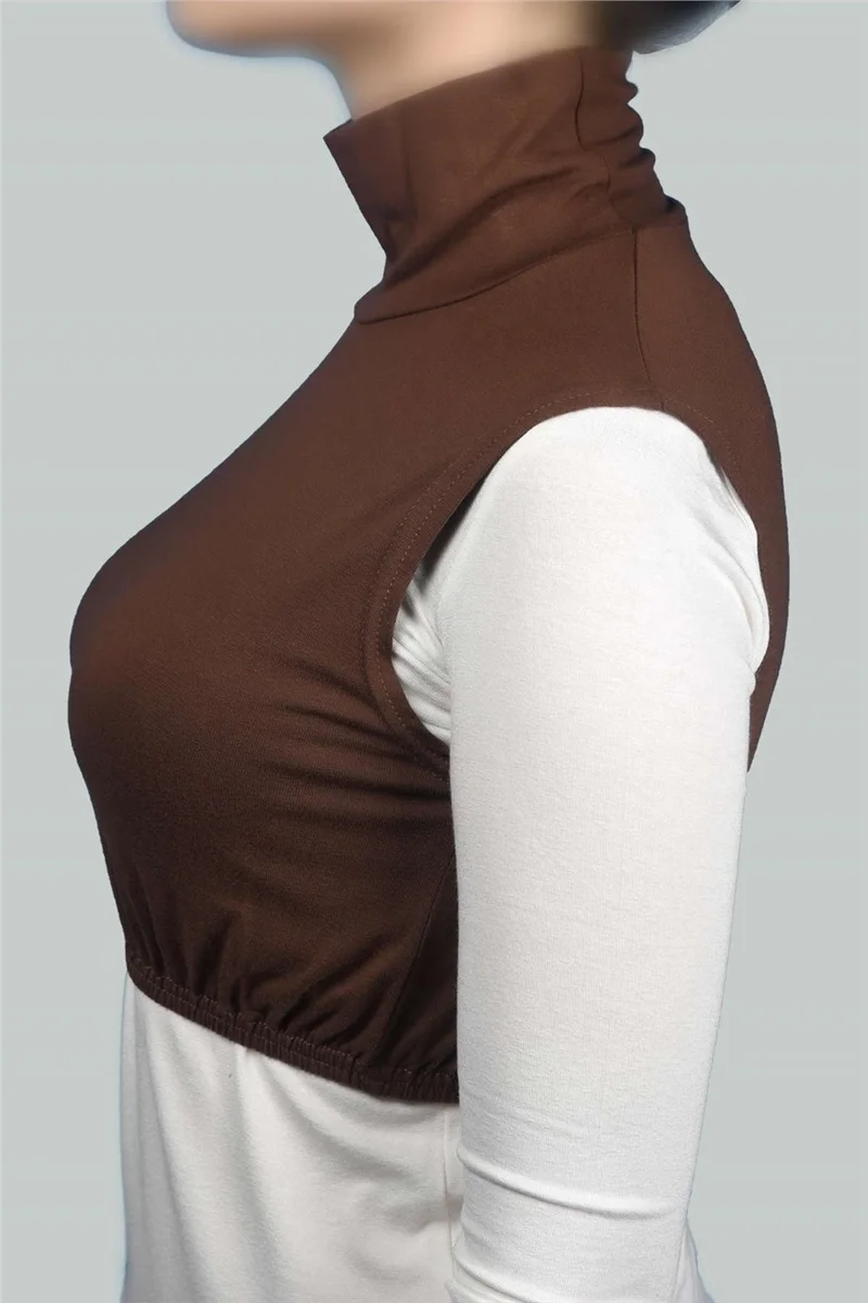 التوبة Zero Sleeve Turtleneck Full Neck Lycra Combed Cotton Women's Half Bodysuit - Chocolate