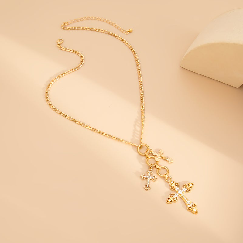 SHIXIN Vintage Alloy Cross Necklace with Rhinestones - Trendy Women's Metal Chain - Image 4