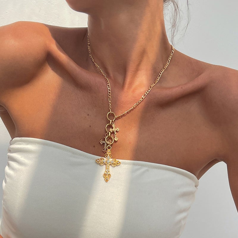 SHIXIN Vintage Alloy Cross Necklace with Rhinestones - Trendy Women's Metal Chain - Image 3