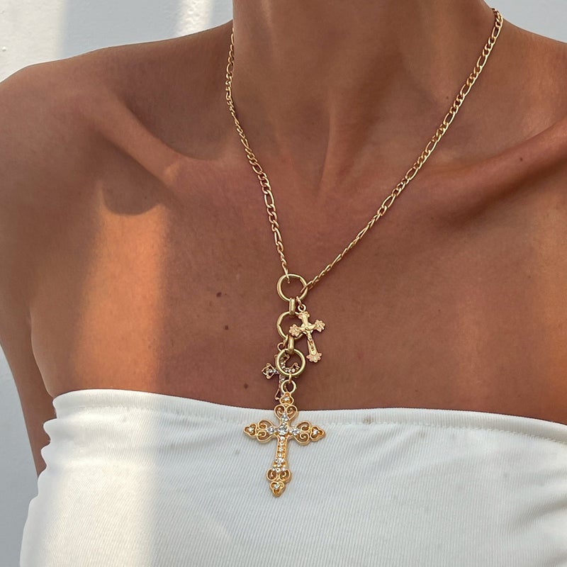 SHIXIN Vintage Alloy Cross Necklace with Rhinestones - Trendy Women's Metal Chain - Image 1