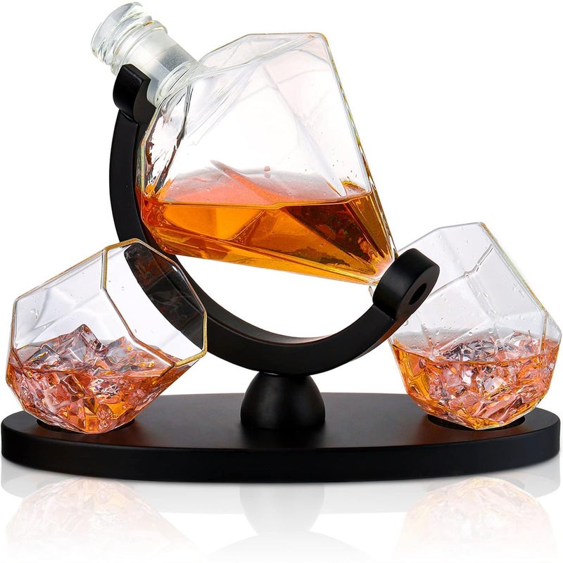 CASAQUA CASAQUA Diamond Whiskey Decanter Set - Stylish 1 Decanter & 2 Pcs Glass & 1 Stand Set - Perfect for Whiskey, Scotch, Wine, Vodka, Tequila, Rum, Liquor, Scotch, Bourbon (Set of 3)  - Image 1