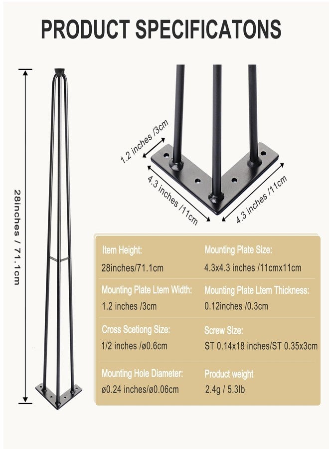 ManyiHome 4 Pack 28 Inch Hairpin Table Legs, Heavy Duty Industrial Metal Furniture Legs 1300LBS Load Capacity, Black Anti-Rust Desk Legs withFloorProtectorsforCoffeeTable DiningTable Nightstand Bench Dresser - Image 2