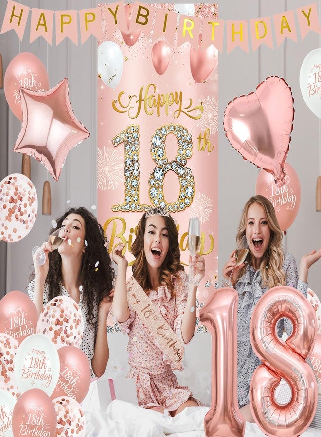 Roetyce 18th Birthday Decorations for Girls, Rose Gold Happy 18th Birthday Banner Sash & Crown Balloons Kit, Pink 18 Years Old Party Yard Door Wall Backdrop Background - Image 5