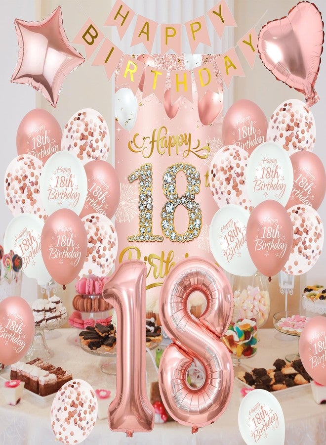 Roetyce 18th Birthday Decorations for Girls, Rose Gold Happy 18th Birthday Banner Sash & Crown Balloons Kit, Pink 18 Years Old Party Yard Door Wall Backdrop Background - Image 3