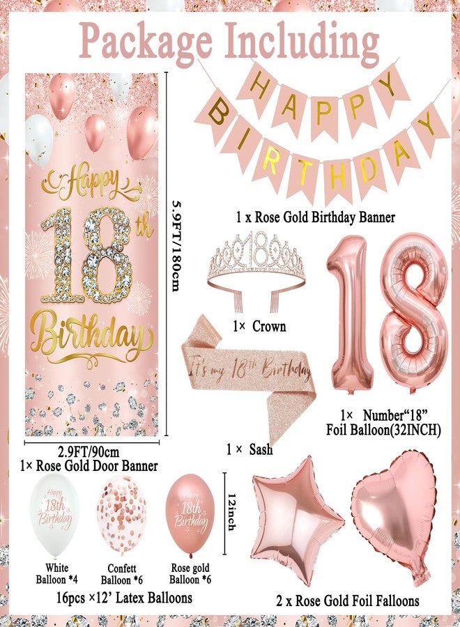 Roetyce 18th Birthday Decorations for Girls, Rose Gold Happy 18th Birthday Banner Sash & Crown Balloons Kit, Pink 18 Years Old Party Yard Door Wall Backdrop Background - Image 2