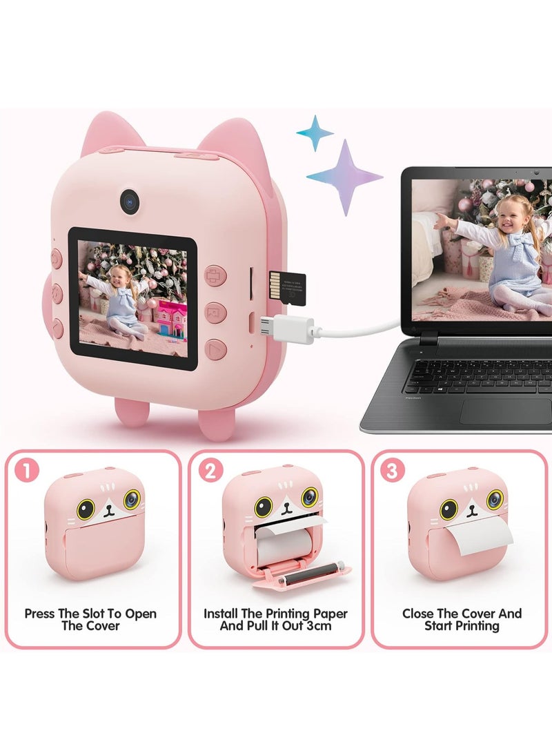 كاميرا أطفال بدقة 48 ميجابكسل، كاميرا طباعة فورية، شاشة 2.4 بوصة بعدسة مزدوجة وكاميرا فيديو عالية الدقة 1080 بكسل تأتي مع بطاقة TF سعة 32 جيجابايت، كهدية للأطفال من سن 3 إلى 14 عامًا (وردي) - Image 3
