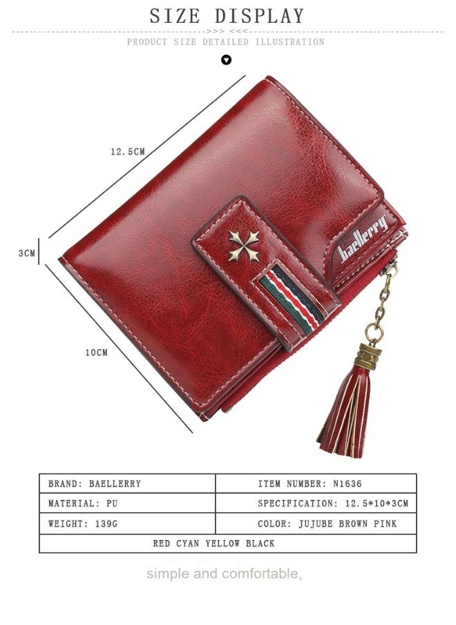 baellerry Fashion Women's Wallet Short Korean Oil Wax Leather Fringe Small Purse with Zipper Purse  - Image 4
