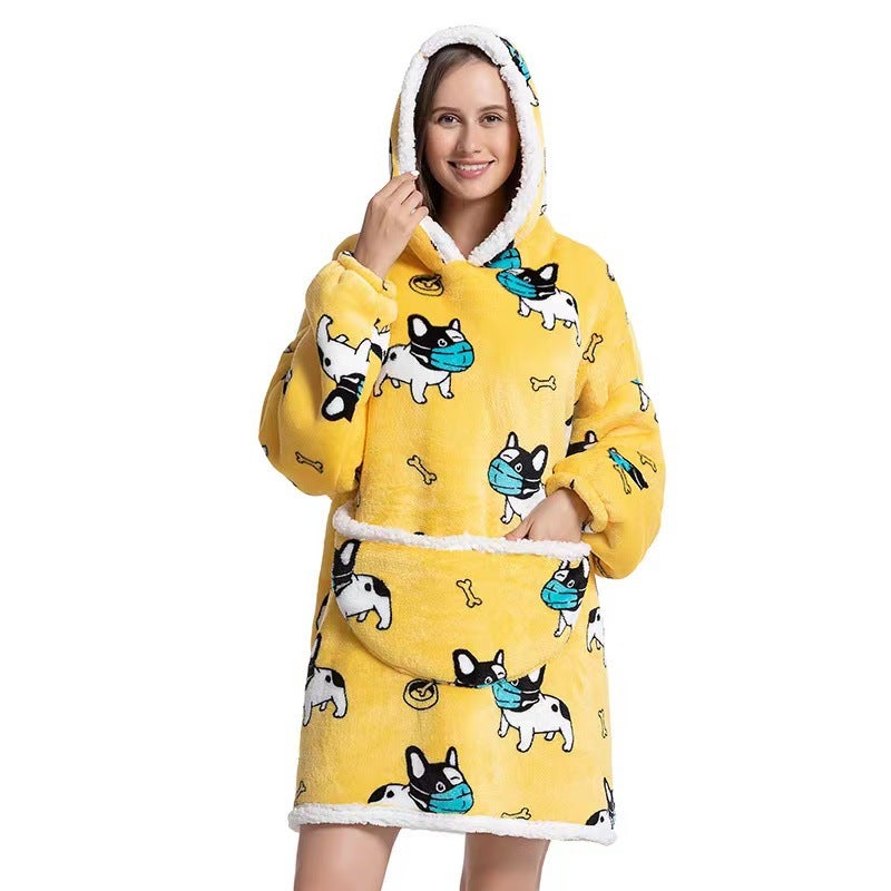 2022 Flannel Thickened Pajamas Lamb Fleece TV Blanket with Hood Cartoon Mask Dog Compound-Adult 