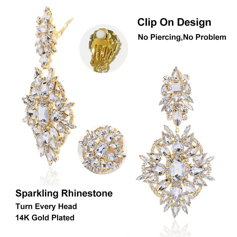 XSBODY Gold Clip On Earrings Dangling For Women Large Rhinestone Statement Chandelier Earrings Non Pierced For Women Prom Earring Trendy Jewelry Accessories - Image 3