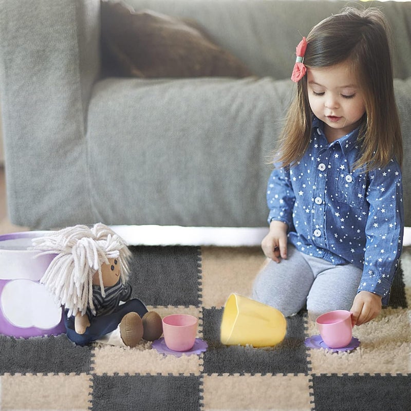 Jorunb 12pc Plush Interlocking EVA Foam Play Mat - Washable and Fluffy Kids Carpet Squares (30x30cm, Black03) - Image 4