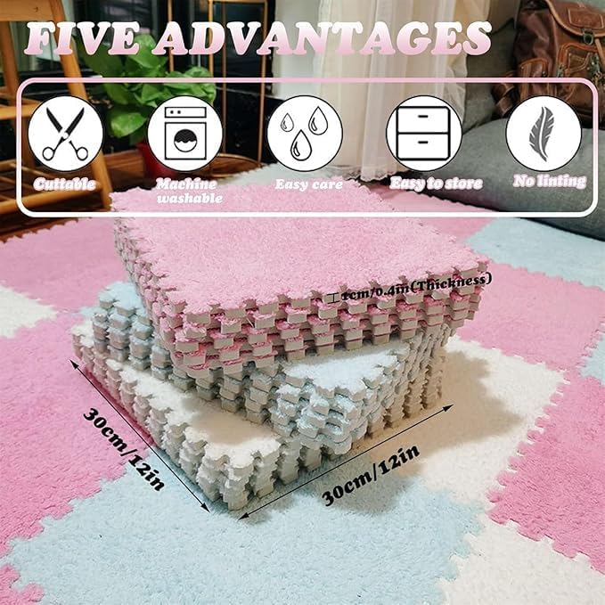 Jorunb 12pc Plush Interlocking EVA Foam Play Mat - Washable and Fluffy Kids Carpet Squares (30x30cm, Black03) - Image 2