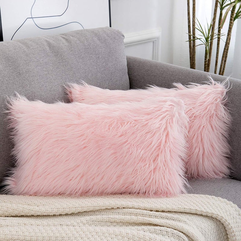 WLNUI Set of 2 Pink Decorative Lumbar Fluffy Pillow Covers New Luxury Series Merino Style Blush Faux Fur Throw Pillow Covers Fuzzy Cushion Case 12x20 Inch