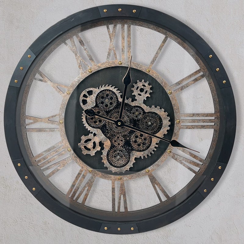 DORBOKER DORBOKER 24 Large Wall Clock with Moving GearsOversize Vintage Industrial Rustic Farmhouse Clocks for Living Room Decor Office HomeSolid Wood HD Tempered Glass CoverVintage Black 