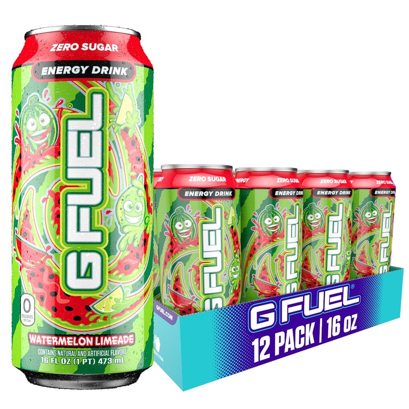 G Fuel Energy Drink, Watermelon, Sugar Free Beverage with 300mg Caffeine, Daily Energy Boost with Focus Amino, Vitamin + Antioxidants, 16 oz Cans (Watermelon Limeade, 12-Pack) - Image 1