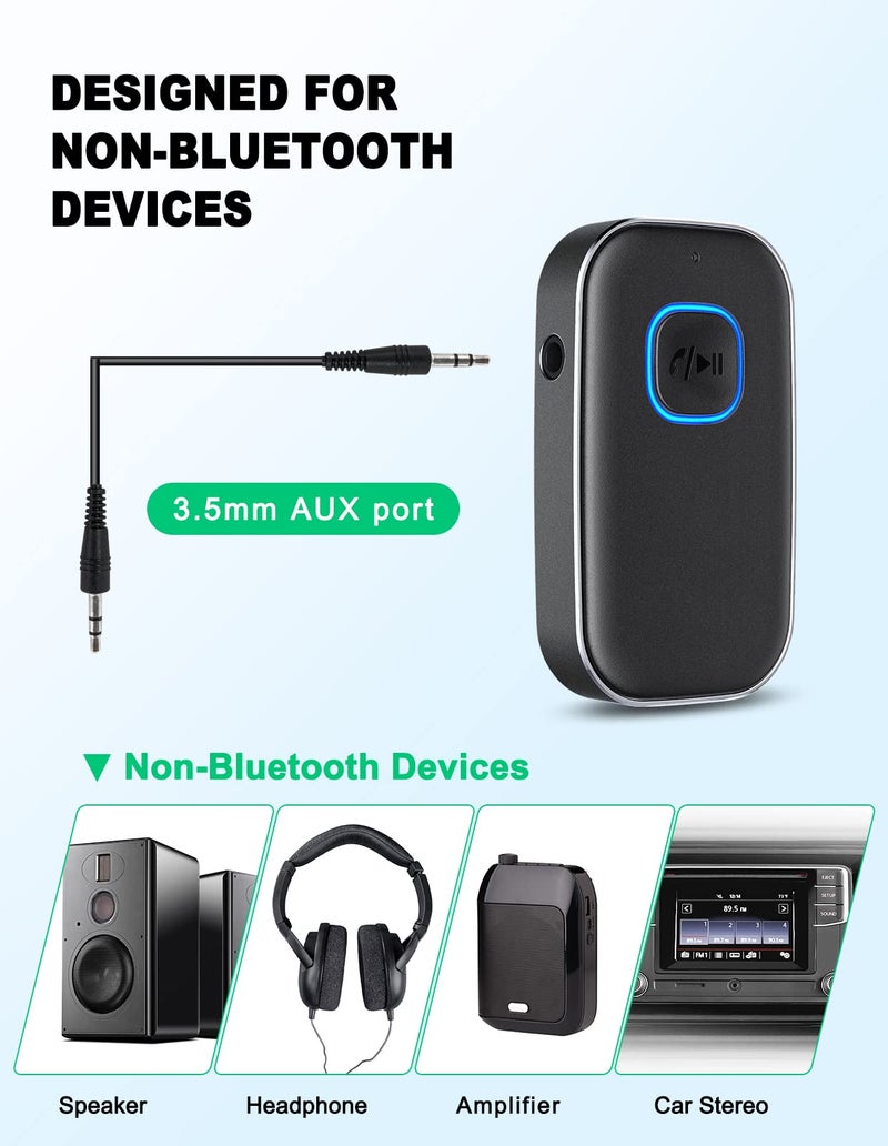 COMSOON Bluetooth AUX Adapter for Car, Noise Reduction Bluetooth Receiver for Music/Hands-Free Calls, Wireless Audio Receiver for Home Stereo/Speaker, 16H Battery Life/Dual Connect (All Black) - Image 2