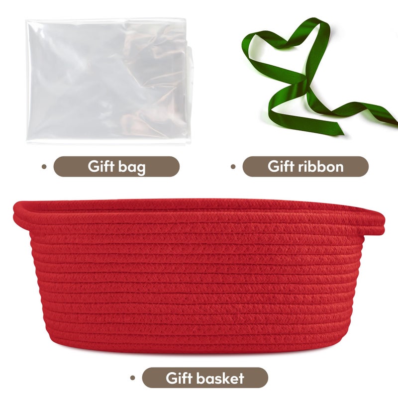 Pro Goleem Small Woven Basket with Gift Bags and Ribbons Durable Baskets for Gifts Empty Small Rope Basket for Storage 12"X 8" X 5" Baby Toy Basket with Handles, Red - Image 3