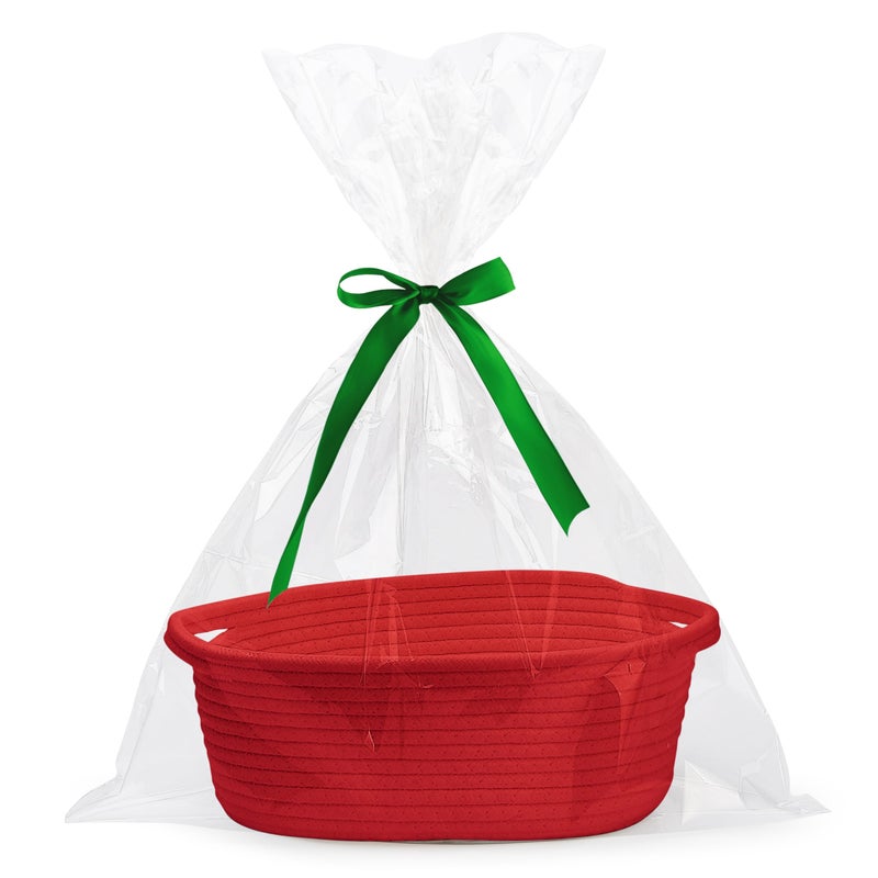 Pro Goleem Small Woven Basket with Gift Bags and Ribbons Durable Baskets for Gifts Empty Small Rope Basket for Storage 12"X 8" X 5" Baby Toy Basket with Handles, Red - Image 1