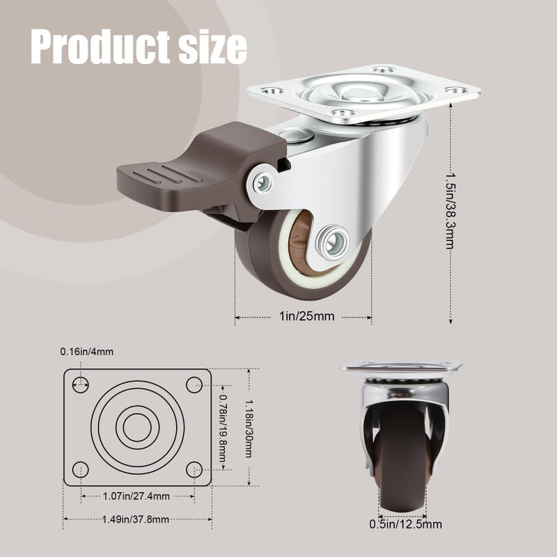Nefish 4 Pack 1" Small Caster Wheels for Furniture Low Profile Soft Rubber Casters Swivel Plate Castors Rolling Smooth, Load Capacity 100 Lbs for Set of 4 (2 with Brake and 2 Without) - Image 2