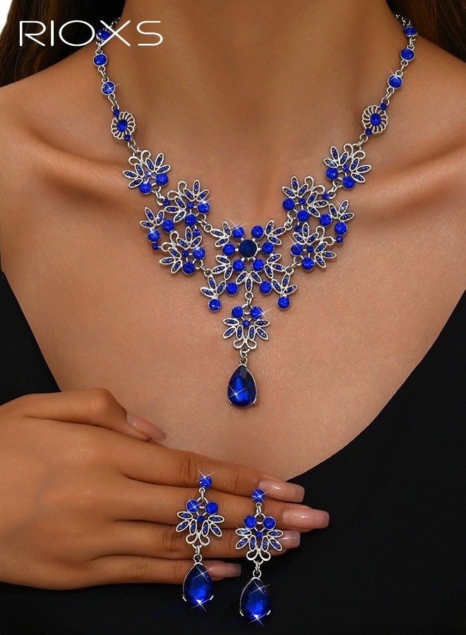 RIOXS Sparkly Rhinestone Teardrop Necklace and Earrings, Vintage Crystal Marquise Leaf Cluster Statement Necklace Dangle Drop Earring, Bridal Wedding Gorgeous Costume Jewelry for Women - Image 1