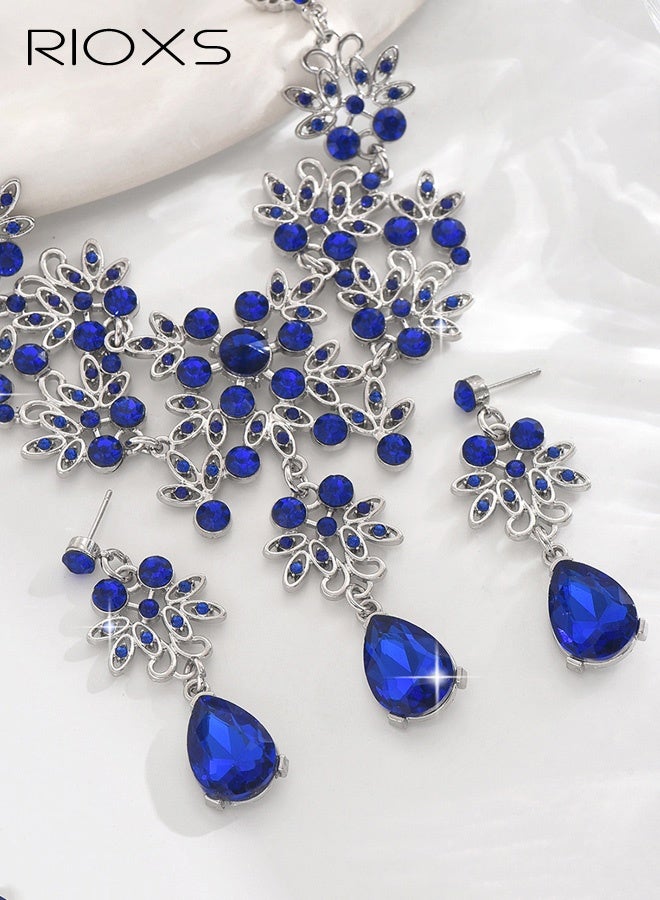 RIOXS Sparkly Rhinestone Teardrop Necklace and Earrings, Vintage Crystal Marquise Leaf Cluster Statement Necklace Dangle Drop Earring, Bridal Wedding Gorgeous Costume Jewelry for Women - Image 2