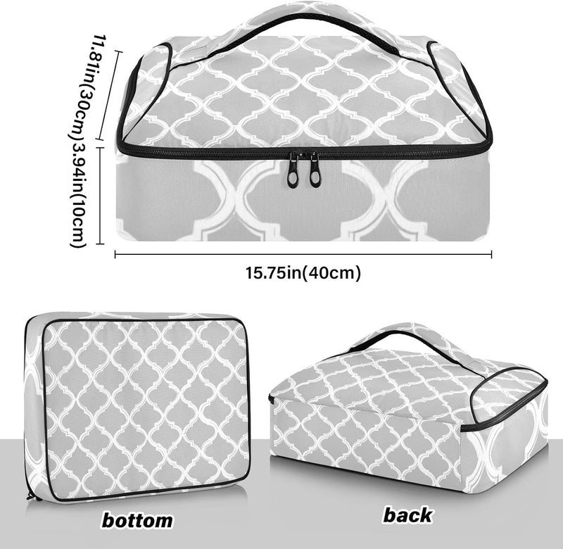 ElliTarr Casserole Carrier Insulated Casserole Dish Carrier Thermal Food Warmer Bag Lasagna Holder Lugger Tote Potluck Containers for Travel Picnic Party Silver Minimalist Quatrefoil - Image 3