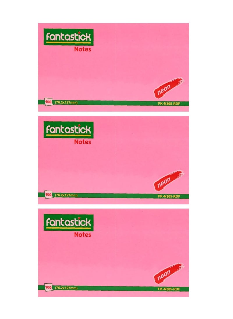 Fantastick 3-Piece Sticky Notes 3x5 Inch Size Neon Pink - Image 1