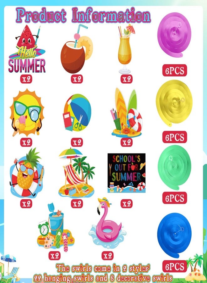 Nezyo 52 Pcs Schools Out for Summer Decorations Hello Summer Hanging Swirls Double Sided Happy Last Day of School Ceiling Hanging End of Year Decorations for Classroom Beach Pool Party Supplies - Image 2