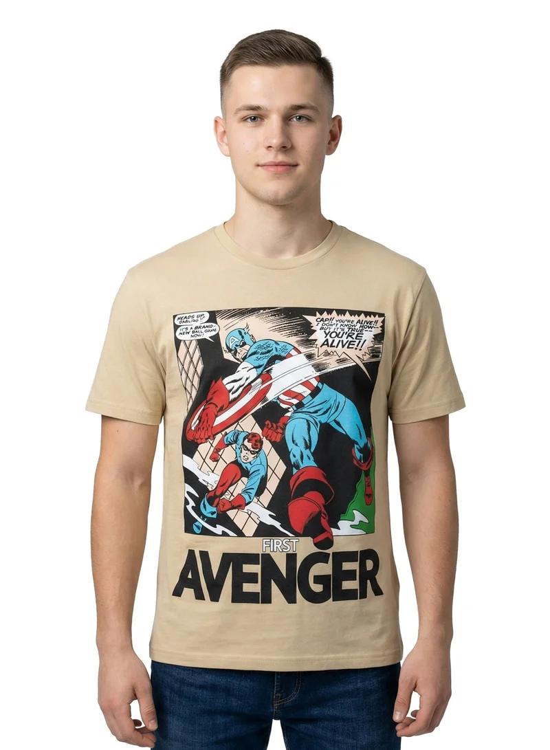 MARVEL Marvel Men’s Captain America “First Avenger” Graphic T-Shirt – Beige