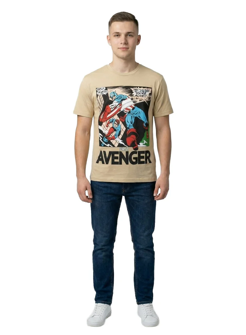 MARVEL Marvel Men’s Captain America “First Avenger” Graphic T-Shirt – Beige