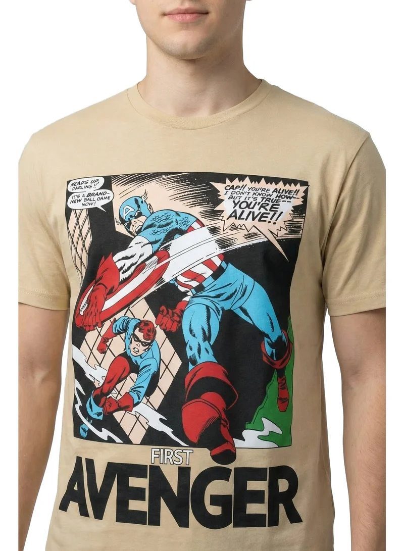 MARVEL Marvel Men’s Captain America “First Avenger” Graphic T-Shirt – Beige