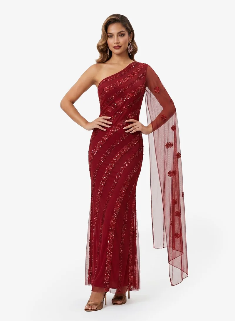 Namshi x One Shoulder Bead Embellished Evening Gown with Cape Sleeve