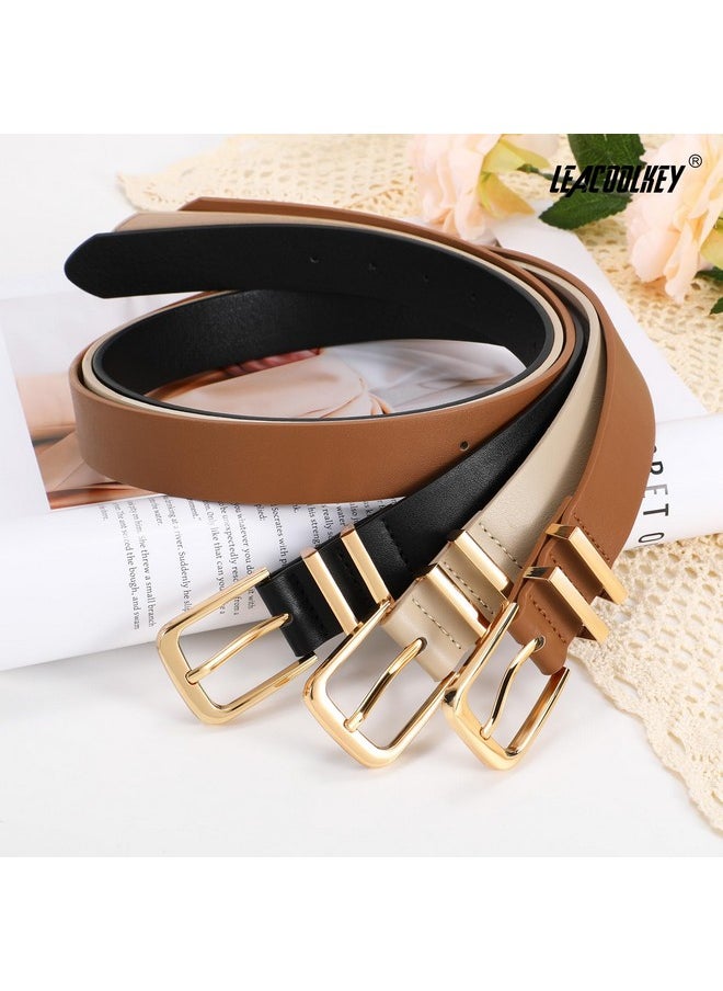 LEACOOLKEY - 3 Pack Women'S Leather Belts For Jeans Dresses Fashion Ladies Gold Buckle Leather Belts, Black/Brown/Beige - Image 1