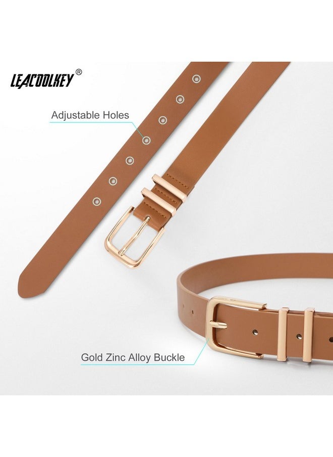 LEACOOLKEY - 3 Pack Women'S Leather Belts For Jeans Dresses Fashion Ladies Gold Buckle Leather Belts, Black/Brown/Beige - Image 1