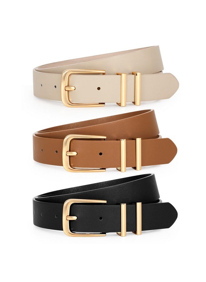 LEACOOLKEY - 3 Pack Women'S Leather Belts For Jeans Dresses Fashion Ladies Gold Buckle Leather Belts, Black/Brown/Beige - Image 1