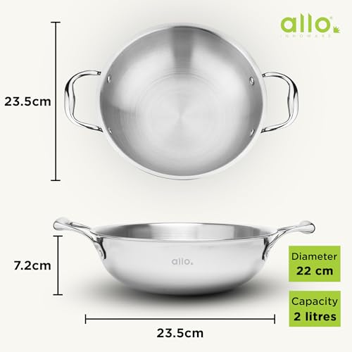 Allo Triply Stainless Steel Kadhai with Handles|Perfect Kadhai for Curry/Stir-Fry/Deep-Fry/DryVeg/Saute Induction Friendly Naturally Non-Stick | 10 Years Warranty, 22cm, 2 litres Without lid - Image 3
