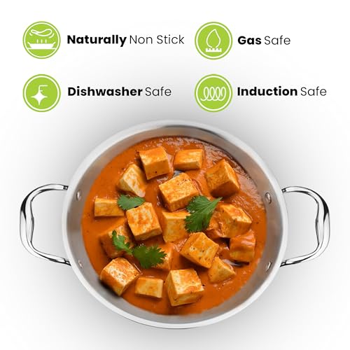 Allo Triply Stainless Steel Kadhai with Handles|Perfect Kadhai for Curry/Stir-Fry/Deep-Fry/DryVeg/Saute Induction Friendly Naturally Non-Stick | 10 Years Warranty, 22cm, 2 litres Without lid - Image 4