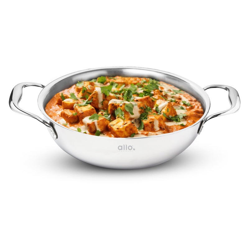 Allo Triply Stainless Steel Kadhai with Handles|Perfect Kadhai for Curry/Stir-Fry/Deep-Fry/DryVeg/Saute Induction Friendly Naturally Non-Stick | 10 Years Warranty, 22cm, 2 litres Without lid - Image 1