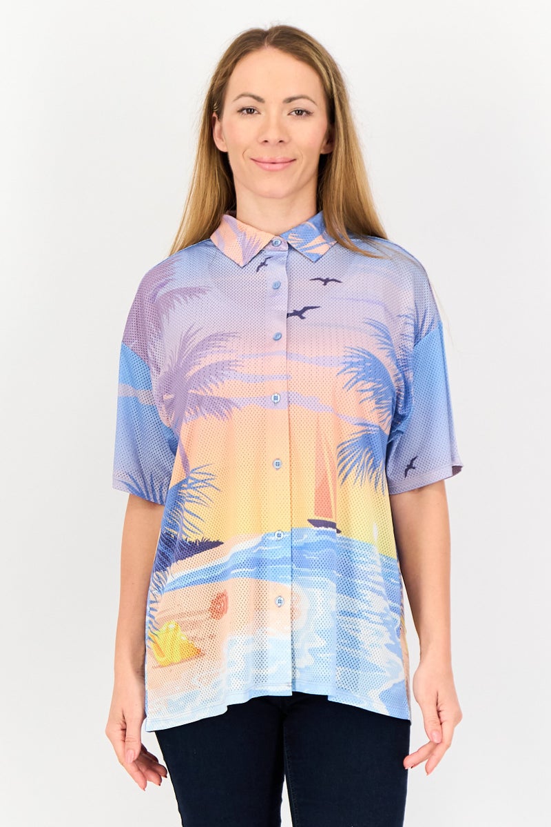 FOREVER 21 قميص نسائي بأزرار عريضة وأكمام قصيرة بطبعة متعددة الألوان - Image 1