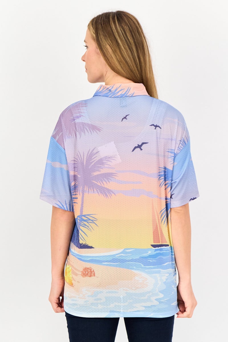 FOREVER 21 قميص نسائي بأزرار عريضة وأكمام قصيرة بطبعة متعددة الألوان - Image 3