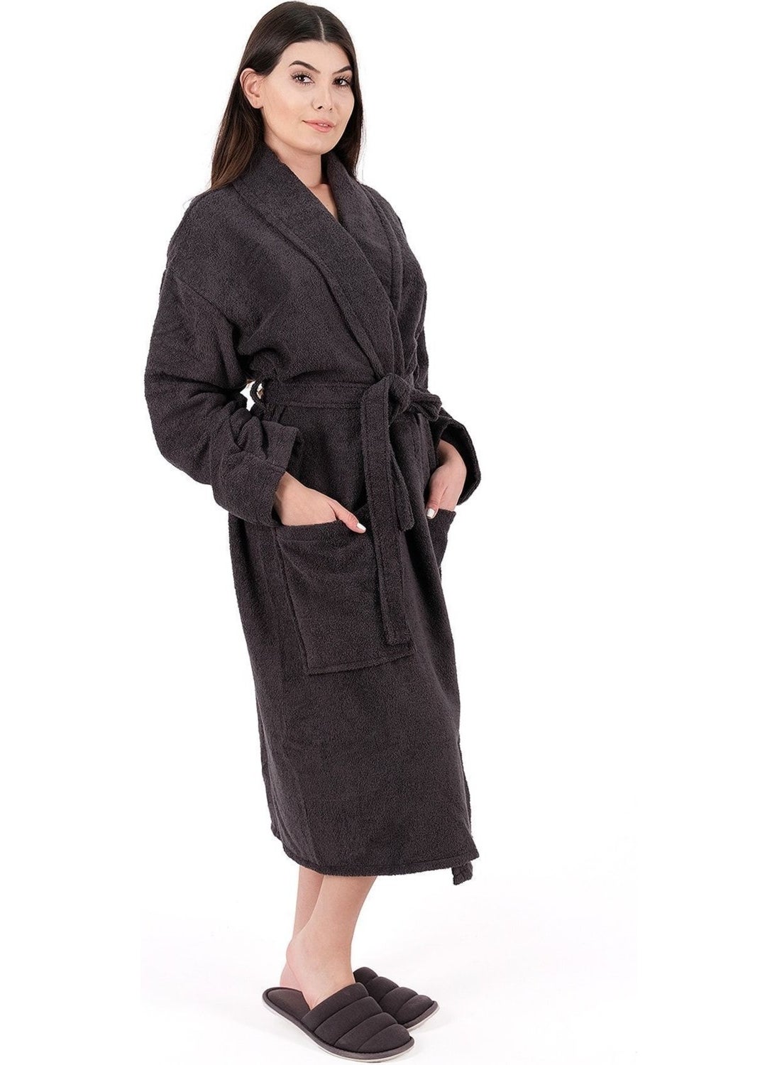 MODELHOME Soft Line Cotton Shawl Collar Anthracite Color (L- x l-2 x l-3 x l-4 x l) Large / King Size Bathrobe  - Image 3