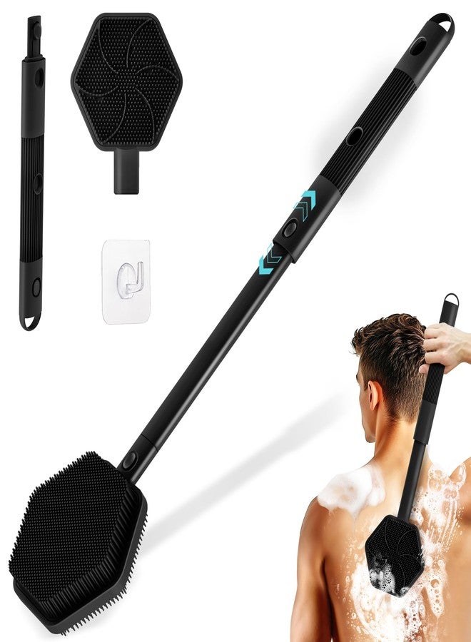 GEENOA Silicone Back Scrubber for Shower, 16''-21''Extendable Shower Back Scrubber with Dual-Side Large Brush Head, 3-Length Back Brush Bath Brush with Strong Handle & Rich Foaming Bristles(Black) - Image 1