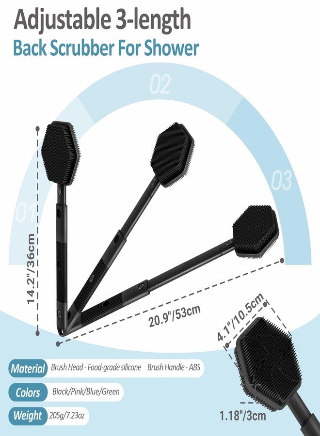 GEENOA Silicone Back Scrubber for Shower, 16''-21''Extendable Shower Back Scrubber with Dual-Side Large Brush Head, 3-Length Back Brush Bath Brush with Strong Handle & Rich Foaming Bristles(Black) - Image 2