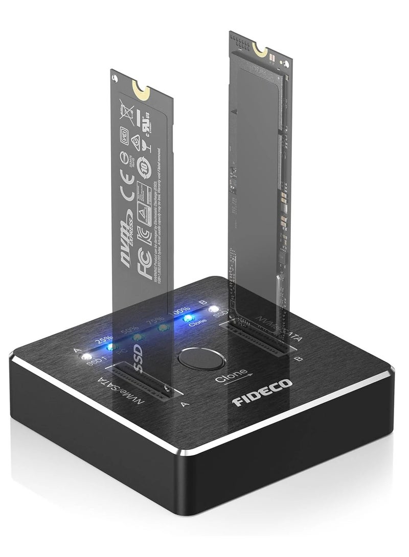 FIDECO Dual-Bay M.2 NVME SATA SSD Enclosure, 20Gbps M.2 NVMe SATA SSD Docking Station, USB 3.2 Gen 2 NVMe Clone Docking Station M.2, Supports Offline Clone, UASP and Trim, Aluminium Design  - Image 1