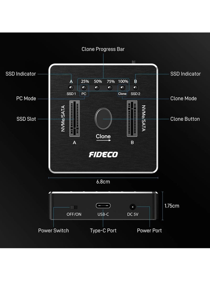FIDECO Dual-Bay M.2 NVME SATA SSD Enclosure, 20Gbps M.2 NVMe SATA SSD Docking Station, USB 3.2 Gen 2 NVMe Clone Docking Station M.2, Supports Offline Clone, UASP and Trim, Aluminium Design  - Image 2
